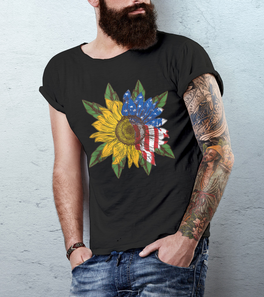 Hippie Peace Sunflower With American Flag Petals And Leaves T-Shirt