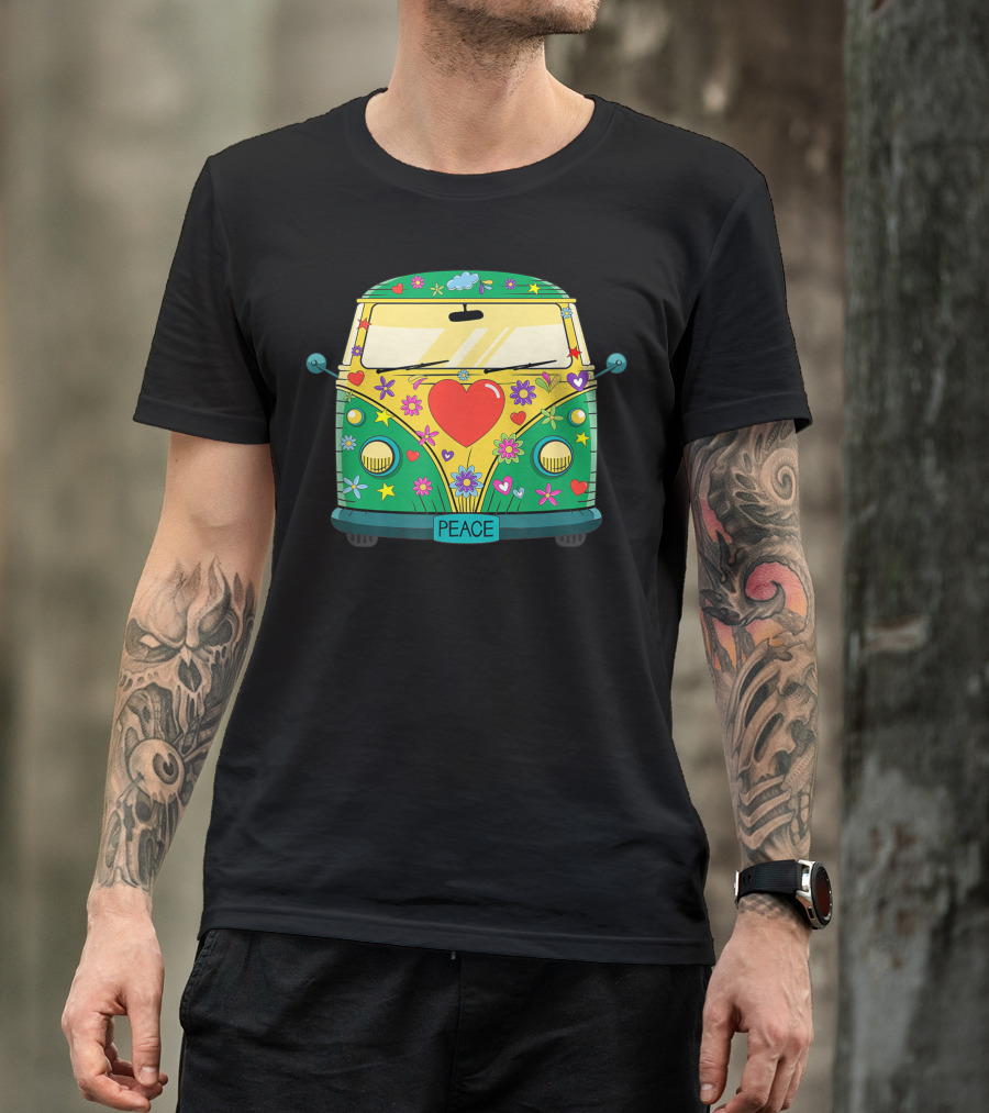 Hippie Hippies Peace Vintage Costume Hippy Van Flowers Heart Symbols T-Shirt
