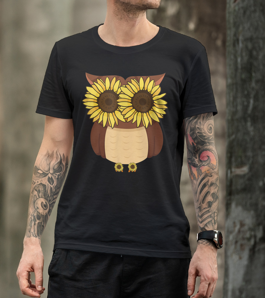 Hippie Owl With Sunflower Eyes And Floral Accents T-Shirt