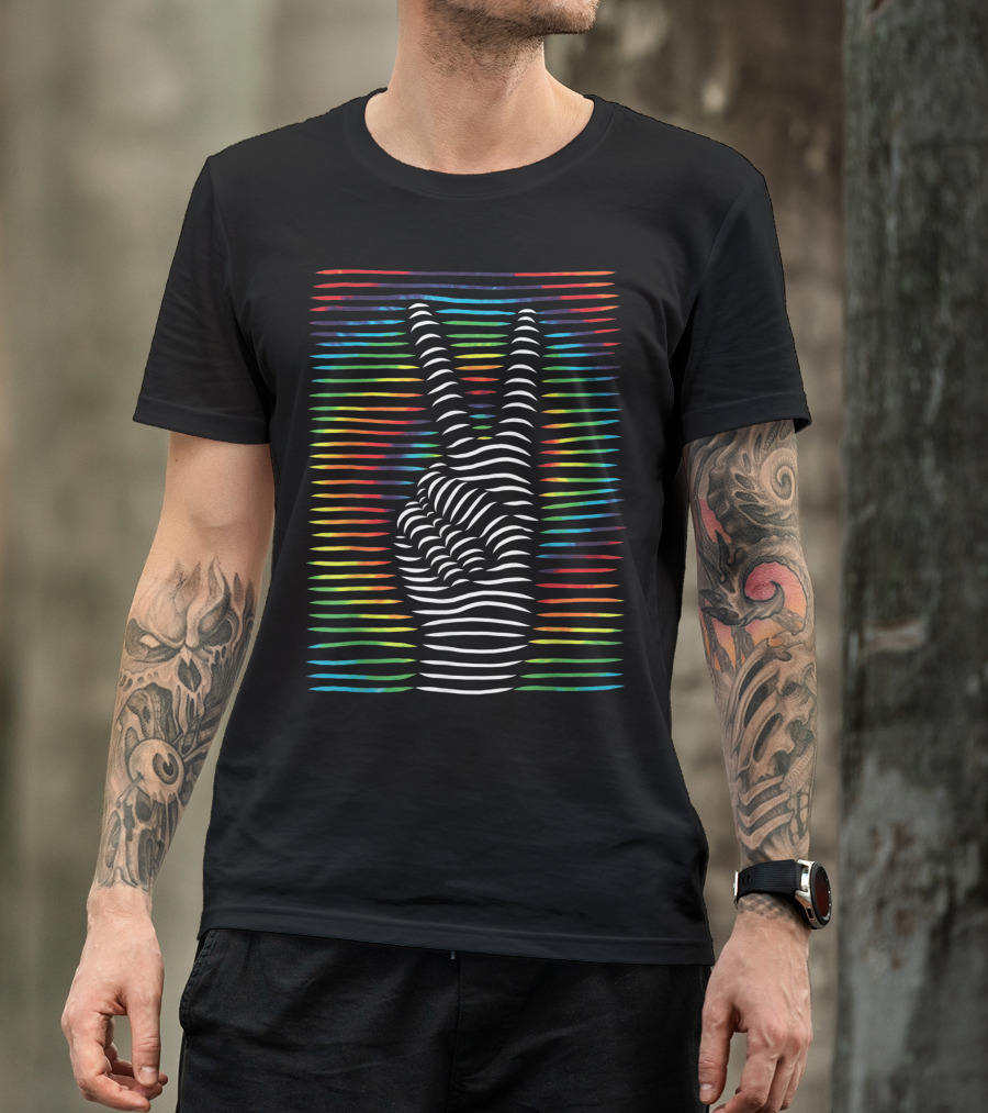Rainbow Hippie Peace Sign 60s 70s 80s Tie Dye Lines T-Shirt