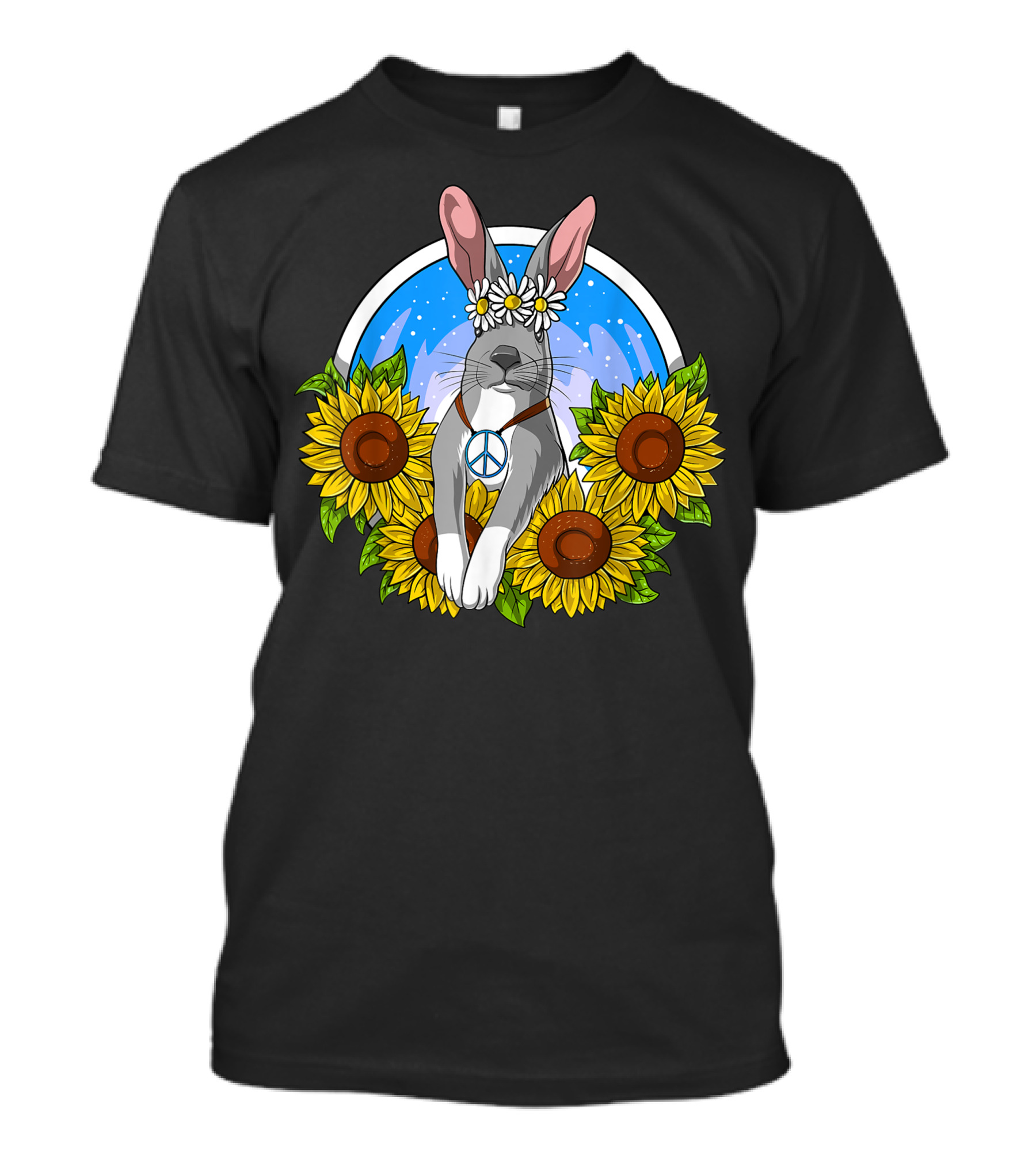 Hippie Rabbit Peace Symbol Sunflowers Bunny Forest T-Shirt