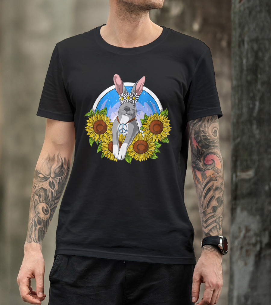 Hippie Rabbit Peace Symbol Sunflowers Bunny Forest T-Shirt