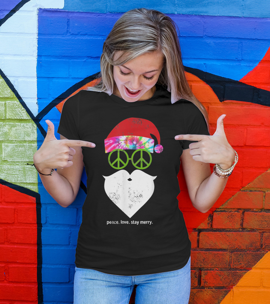 Hippie Santa Peace Love Stay Merry Tie Dye Rainbow Peace Sign T-Shirt