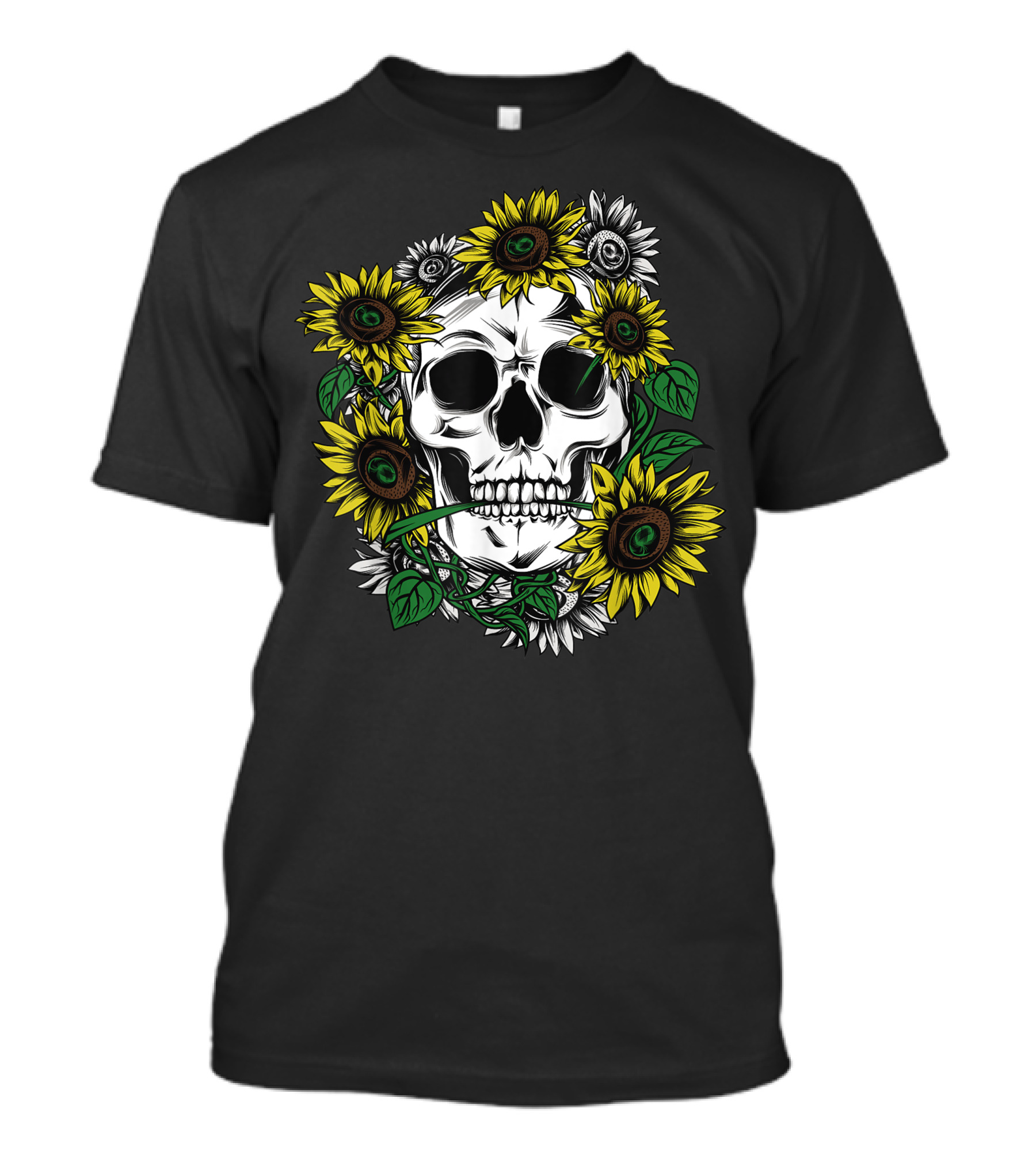 Hippie Skull With Sunflowers And Floral Peace Love Motif T-Shirt