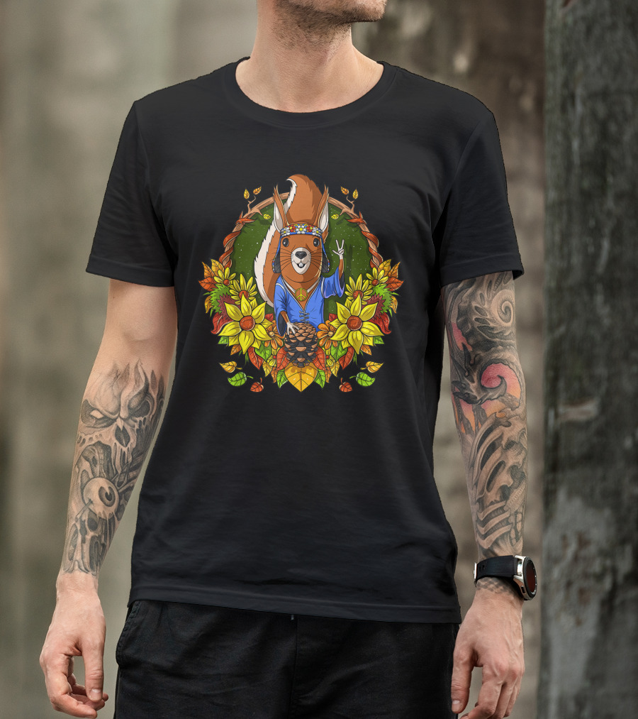 Hippie Squirrel Peace Sunflowers Forest Animal Autumn Nature T-Shirt
