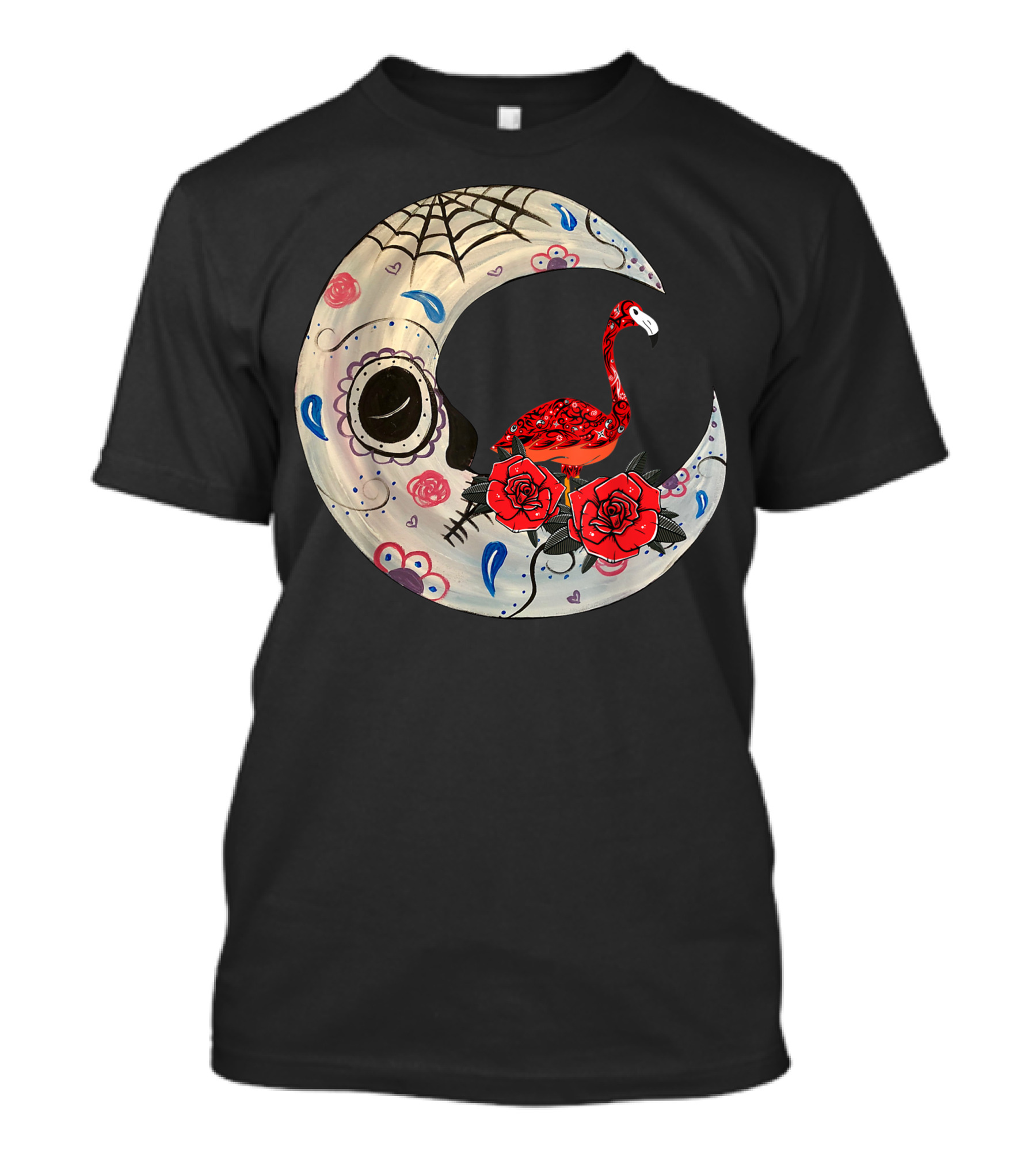 Hippie Sugar Skull Flamingo With Roses On Spooky Moon T-Shirt