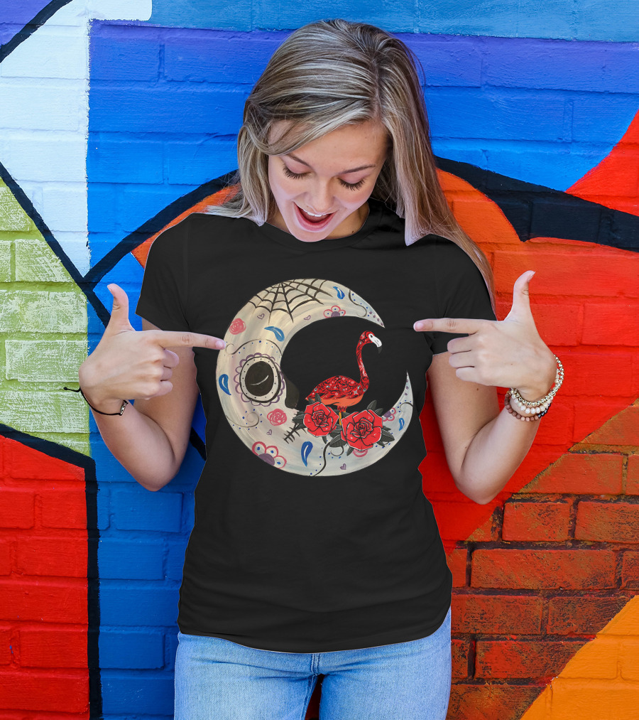 Hippie Sugar Skull Flamingo With Roses On Spooky Moon T-Shirt