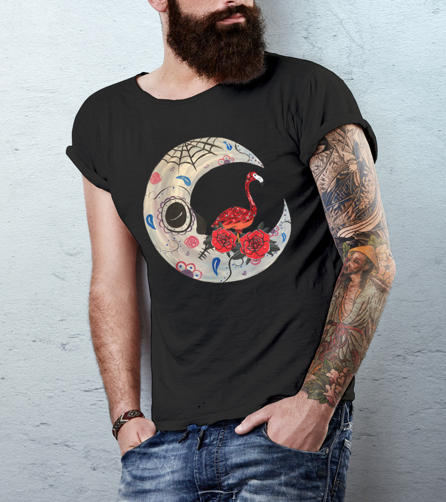Hippie Sugar Skull Flamingo With Roses On Spooky Moon T-Shirt