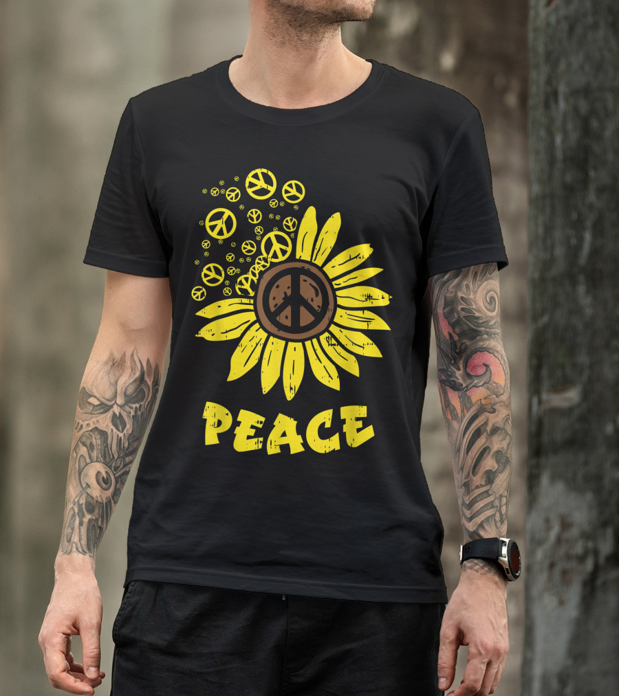 Sunflower Peace Symbol Hippie Vintage Floral Burst Hippy T-Shirt