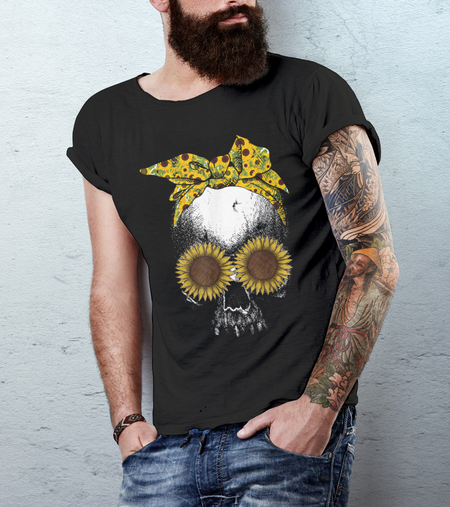 Hippie Skull With Sunflower Eyes And Bandana T-Shirt