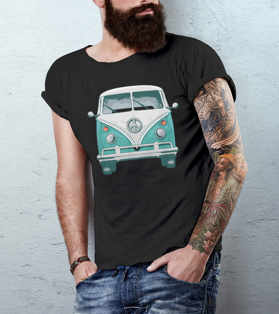 Peace Symbol Hippie Surf Van Teal Beach Surfer Van T-Shirt