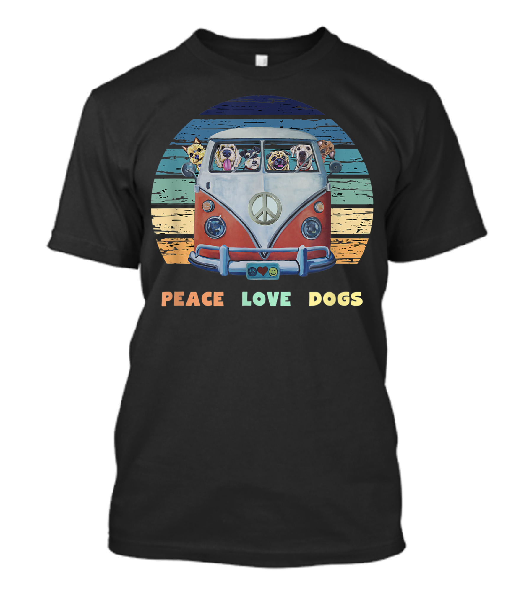 Peace Love Dogs Hippie Van Vintage Stripes Dog Faces T-Shirt