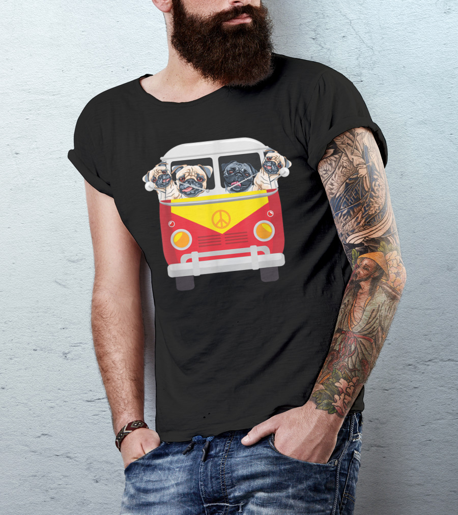 Hippie Van Pug Valentines Day Peace Sign Retro For Her Him 3A T-Shirt
