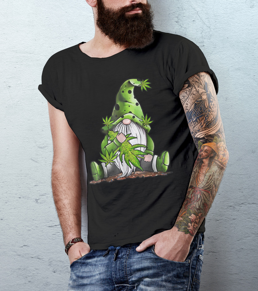Hippie Weed Gnome Cannabis Leaves Green Hat T-Shirt