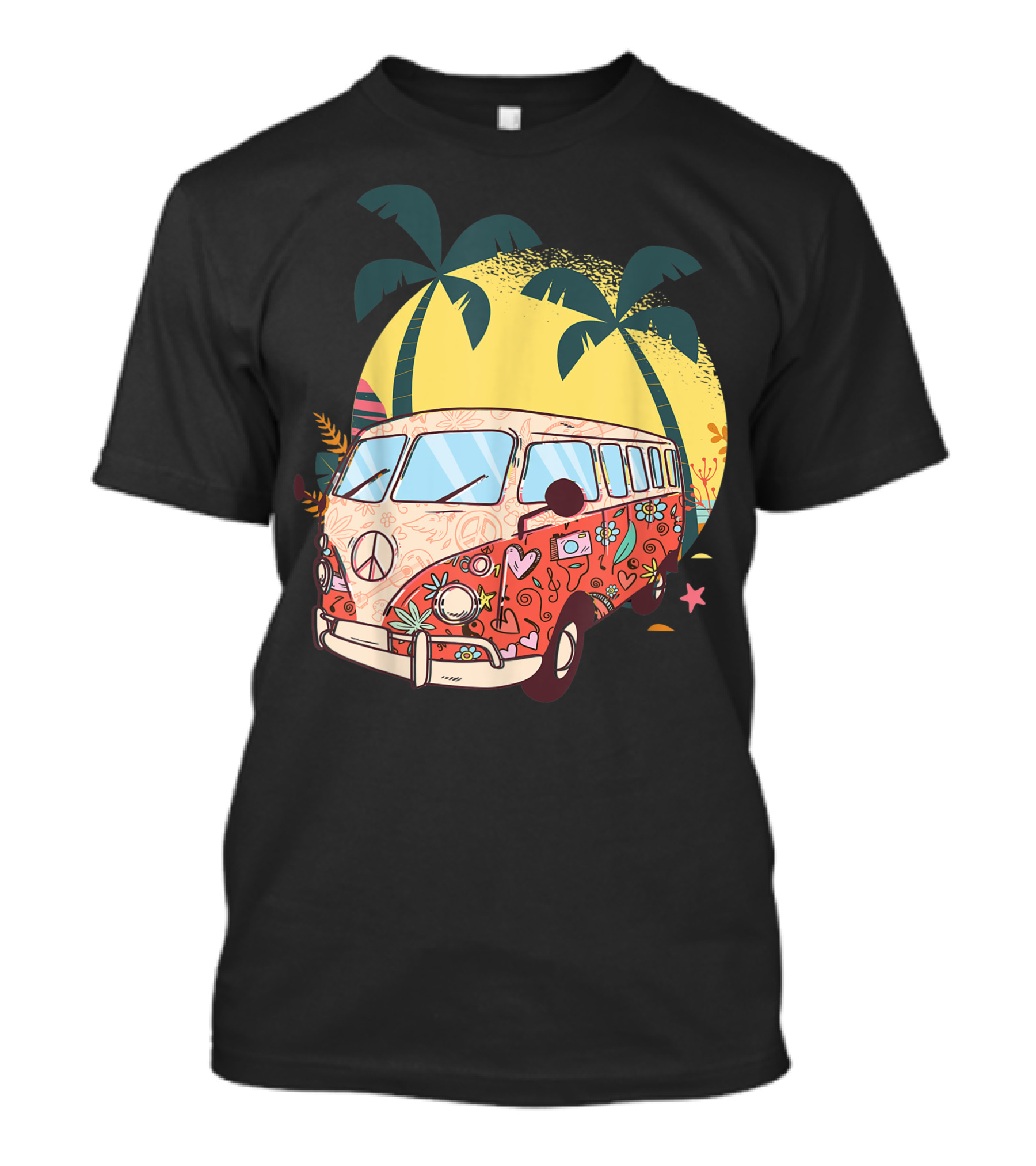 Hippy Bus Van Flower Power Vintage 60s 70s With Peace Sign And Tropical Palm Trees T-Shirt