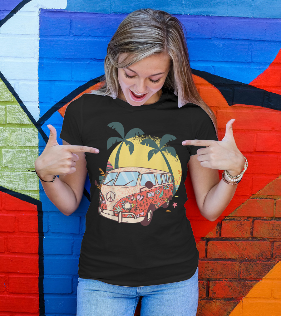 Hippy Bus Van Flower Power Vintage 60s 70s With Peace Sign And Tropical Palm Trees T-Shirt