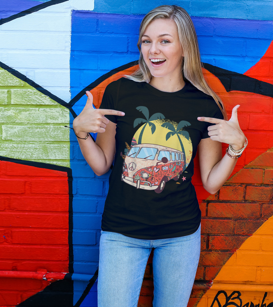 Hippy Bus Van Flower Power Vintage 60s 70s With Peace Sign And Tropical Palm Trees T-Shirt