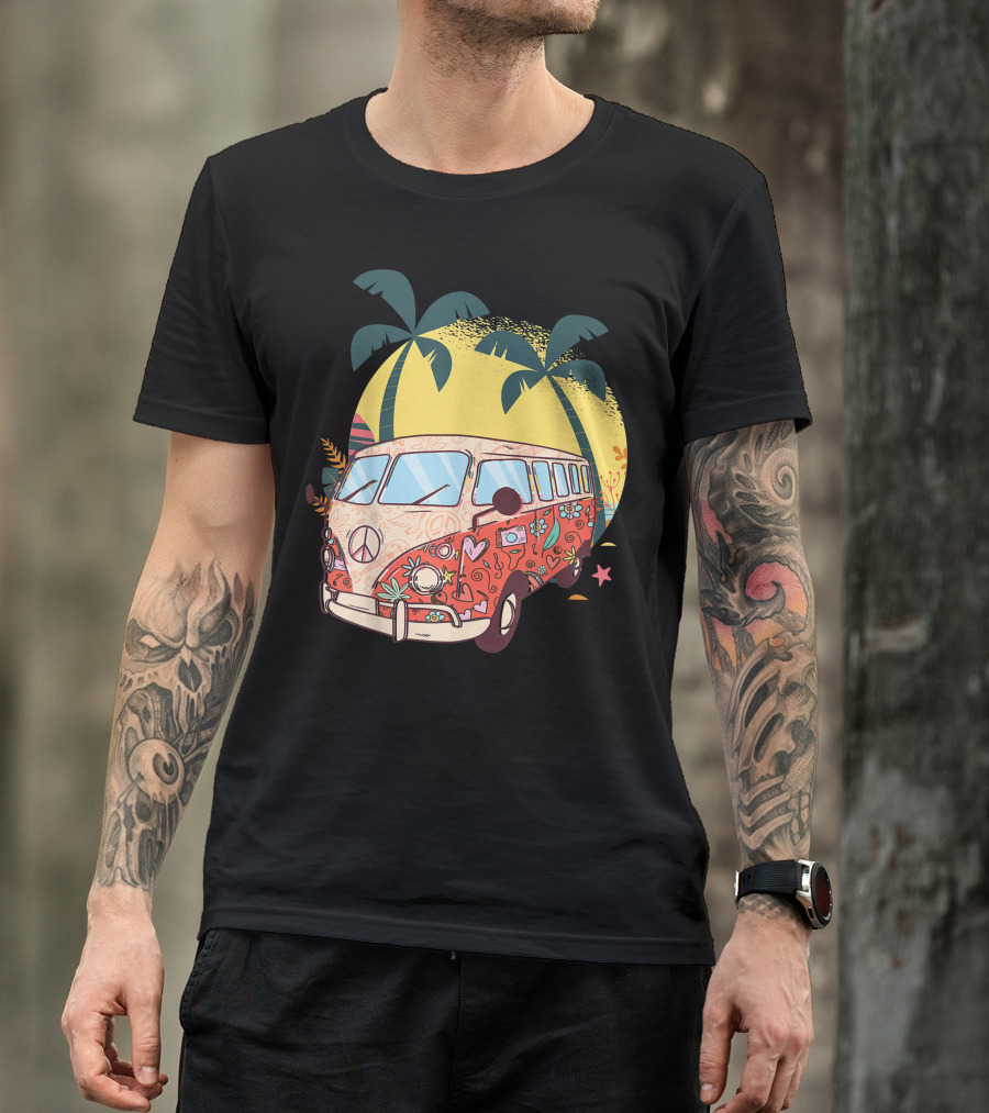 Hippy Bus Van Flower Power Vintage 60s 70s With Peace Sign And Tropical Palm Trees T-Shirt