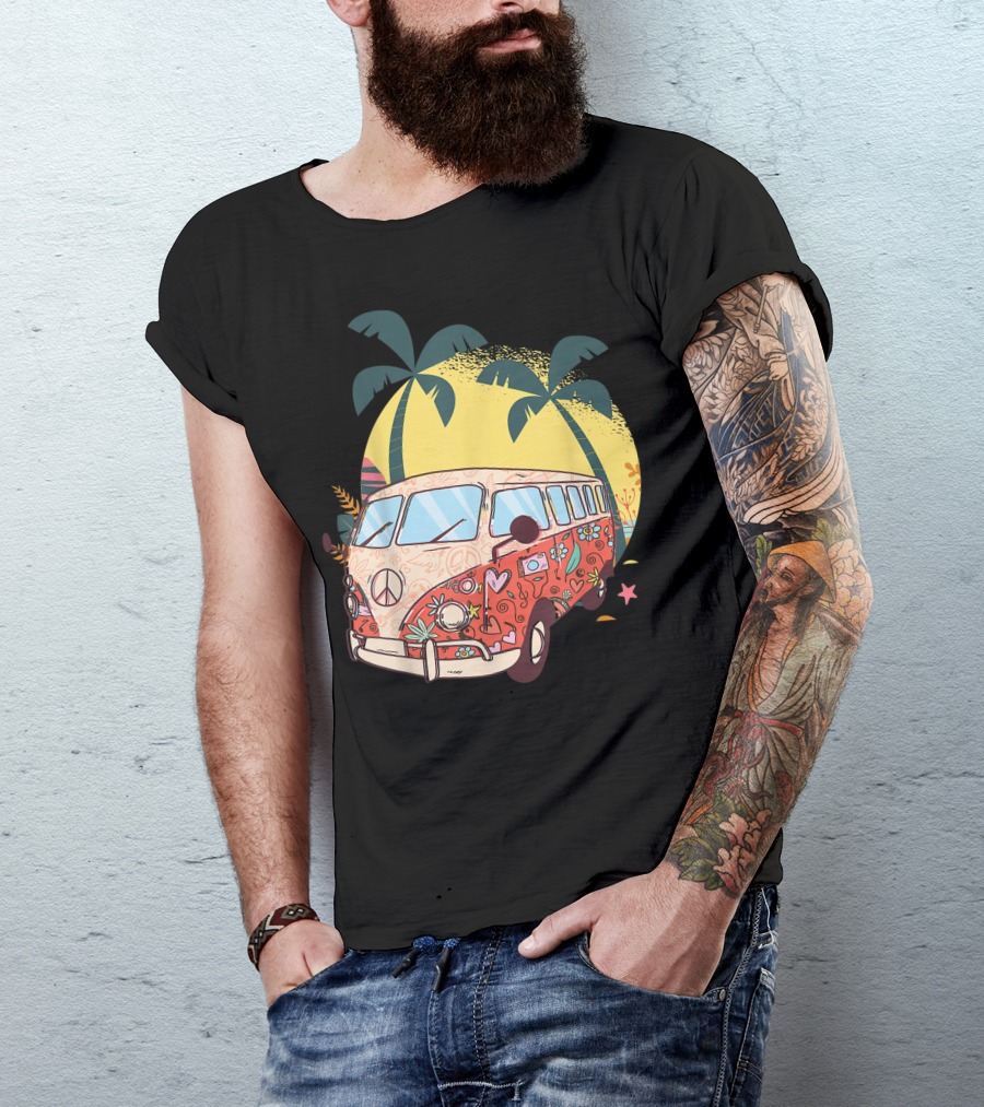 Hippy Bus Van Flower Power Vintage 60s 70s With Peace Sign And Tropical Palm Trees T-Shirt