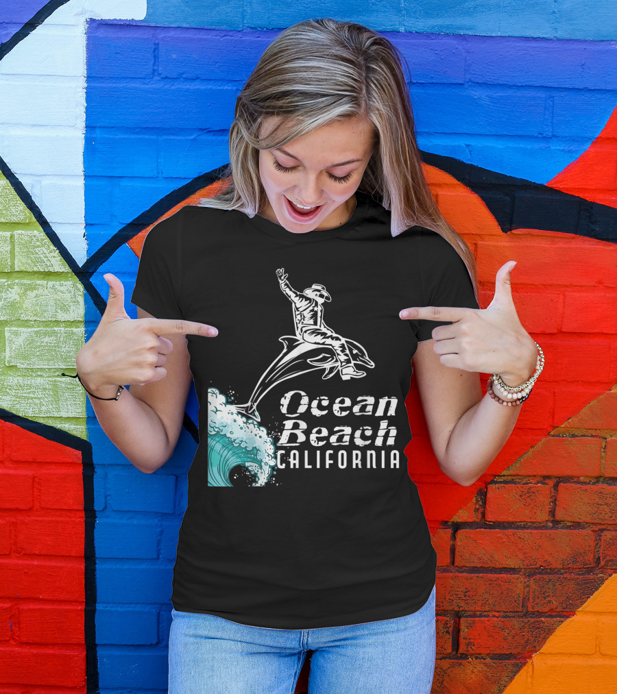 California Ocean Beach Cowboy On Dolphin Surfing Wave T-Shirt