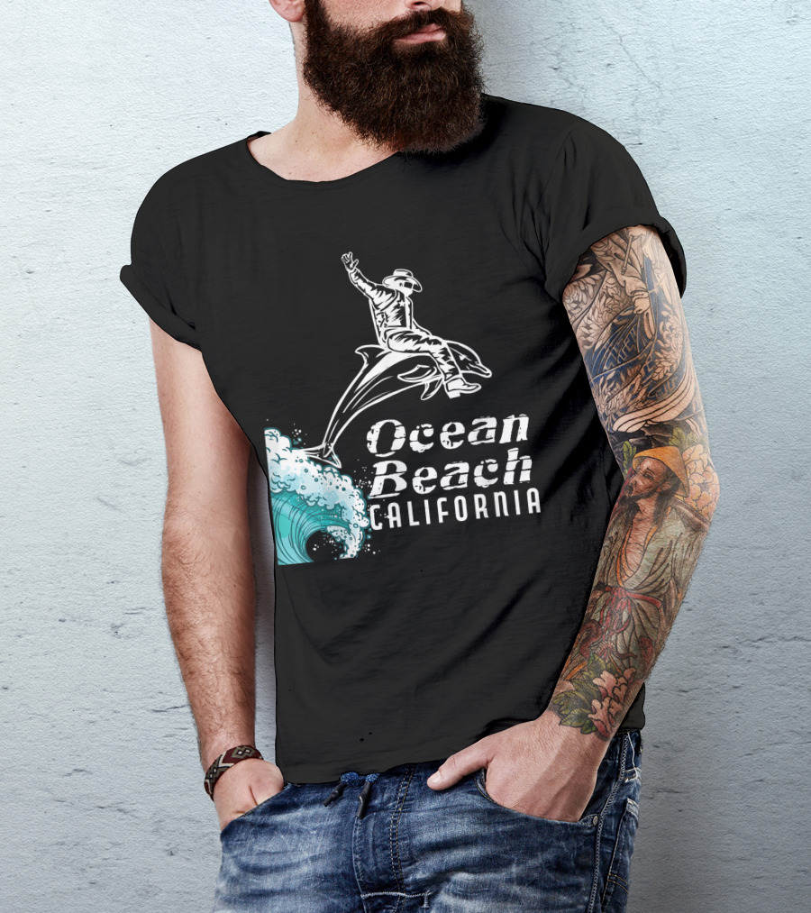 California Ocean Beach Cowboy On Dolphin Surfing Wave T-Shirt