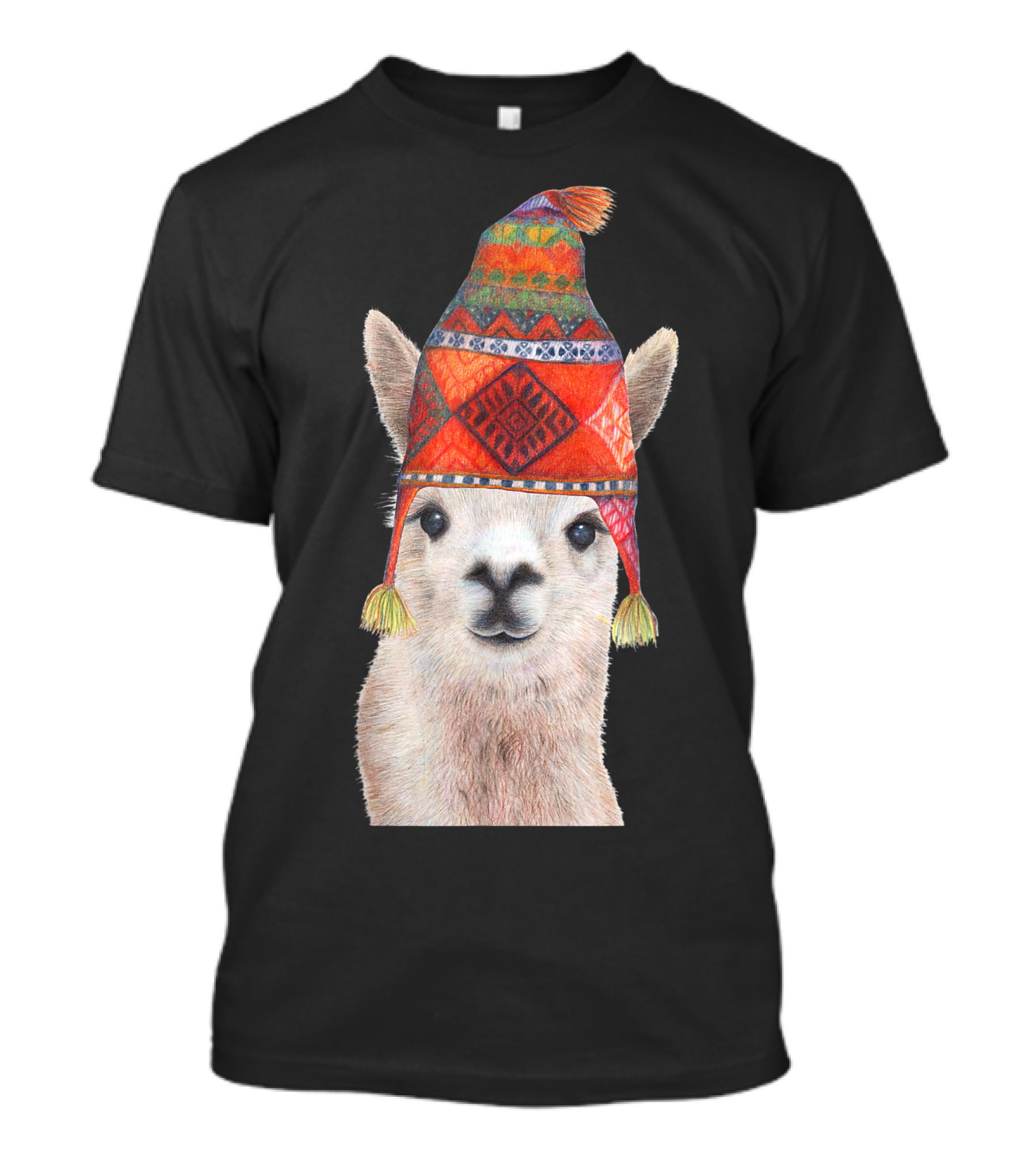 Hipster Llama Wearing Colorful Peruvian Winter Beanie Hat T-Shirt