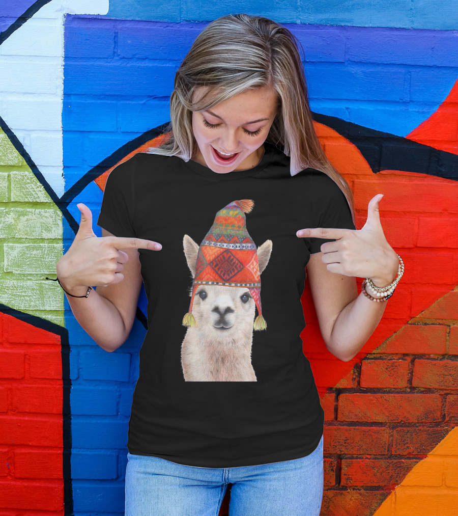 Hipster Llama Wearing Colorful Peruvian Winter Beanie Hat T-Shirt