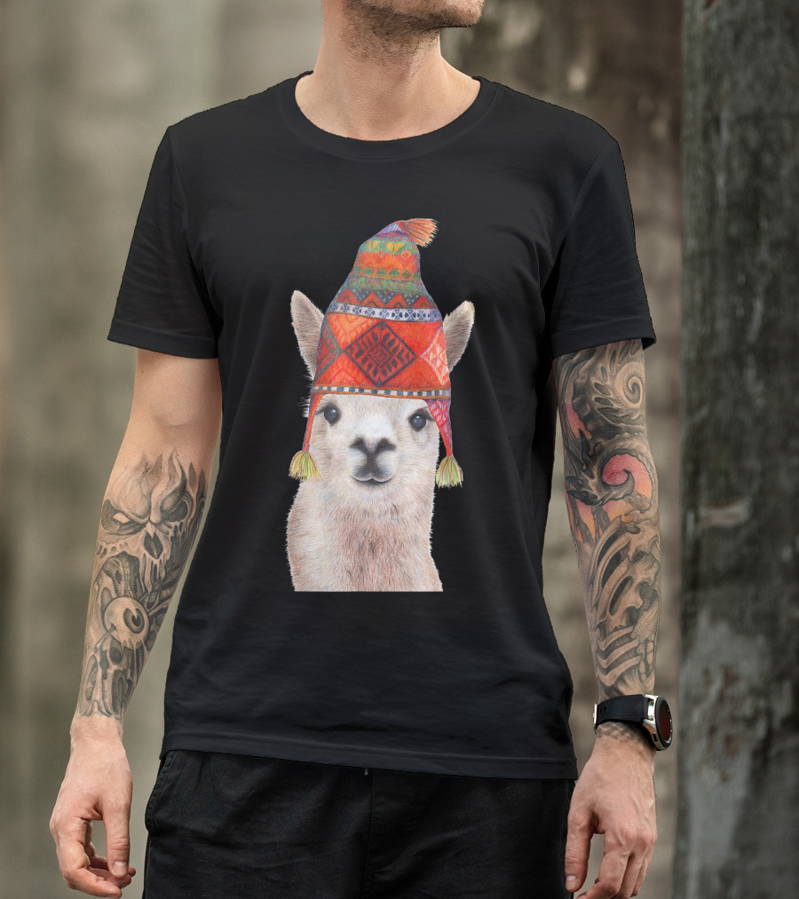 Hipster Llama Wearing Colorful Peruvian Winter Beanie Hat T-Shirt