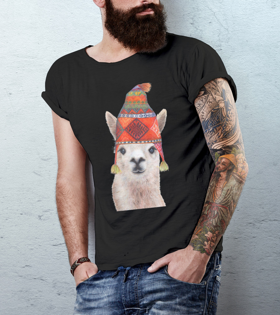 Hipster Llama Wearing Colorful Peruvian Winter Beanie Hat T-Shirt