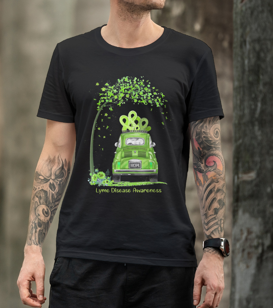 Hope Hippie Van Lime Green Ribbon Tree Lyme Disease Awareness T-Shirt