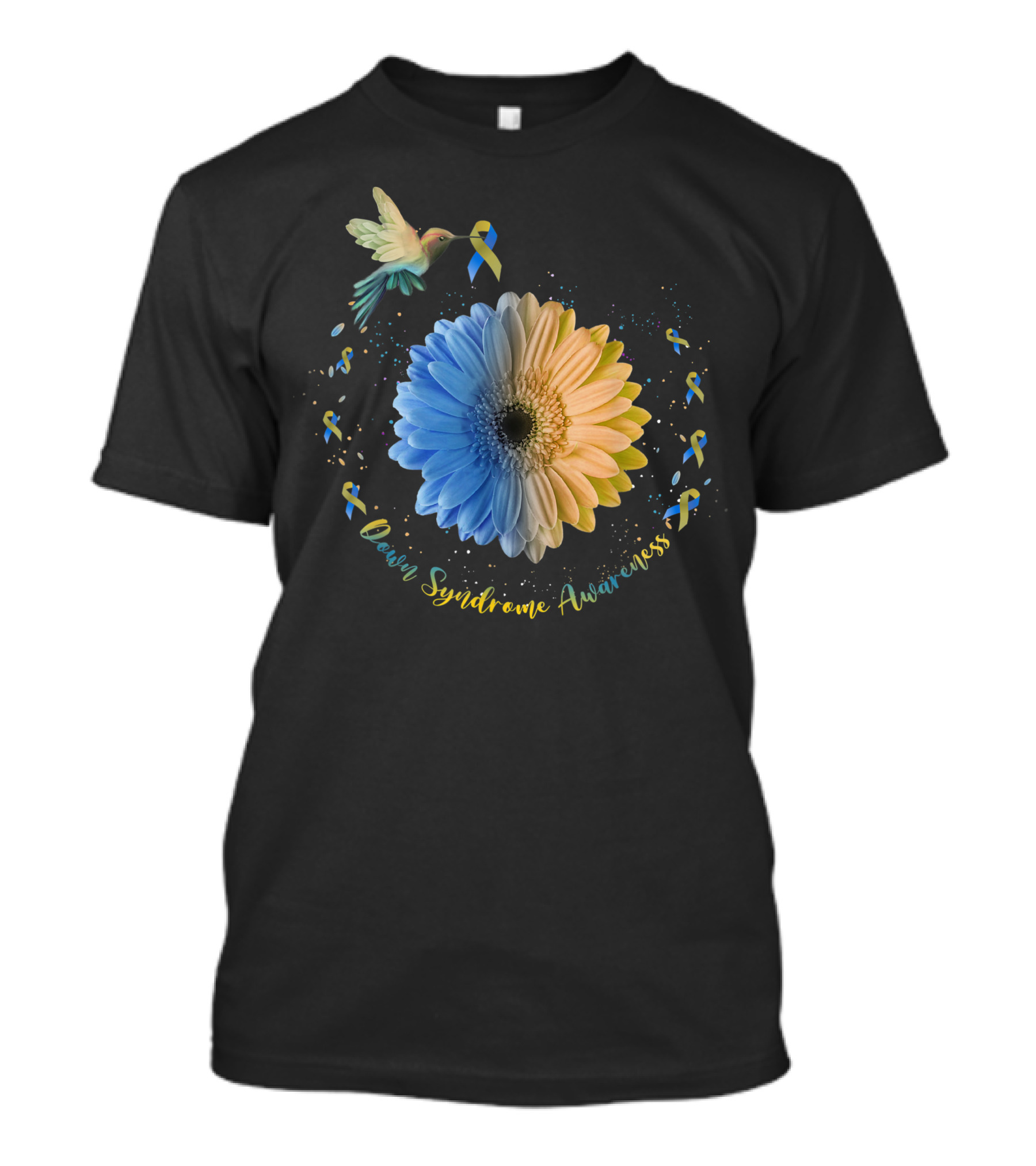 Hummingbird Ribbon Blue Yellow Sunflower Down Syndrome Awareness T-Shirt