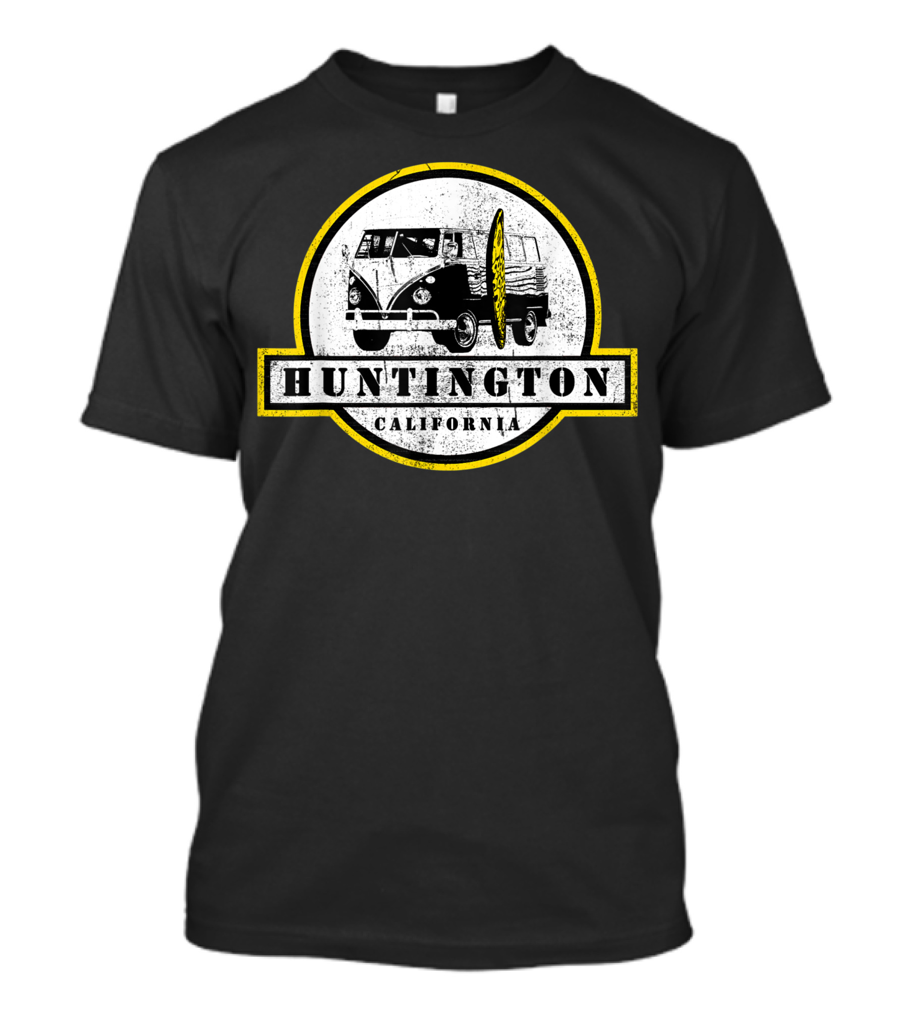 Huntington California Vintage Van Surfboard Beach Scene T-Shirt