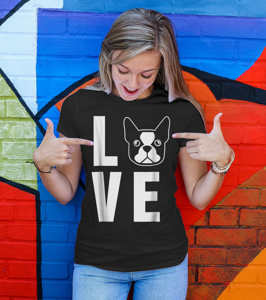 LOVE Boston Terrier Dog Face Typography T-Shirt