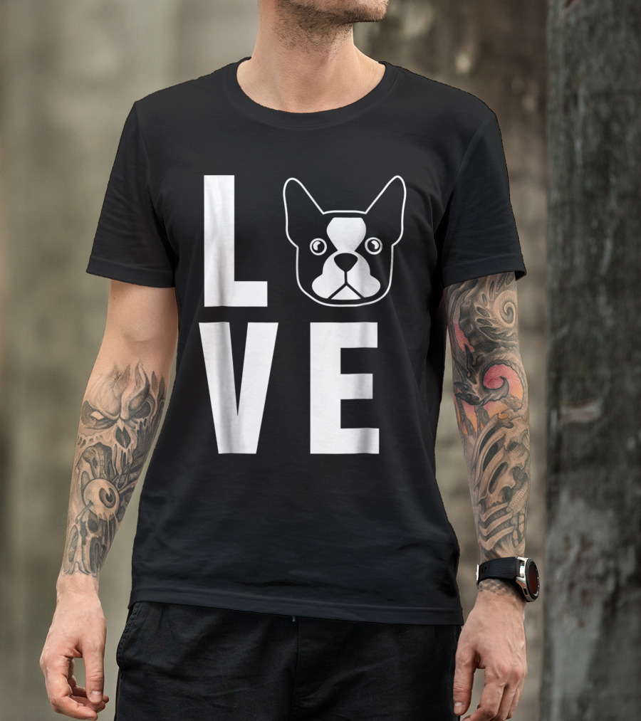 LOVE Boston Terrier Dog Face Typography T-Shirt