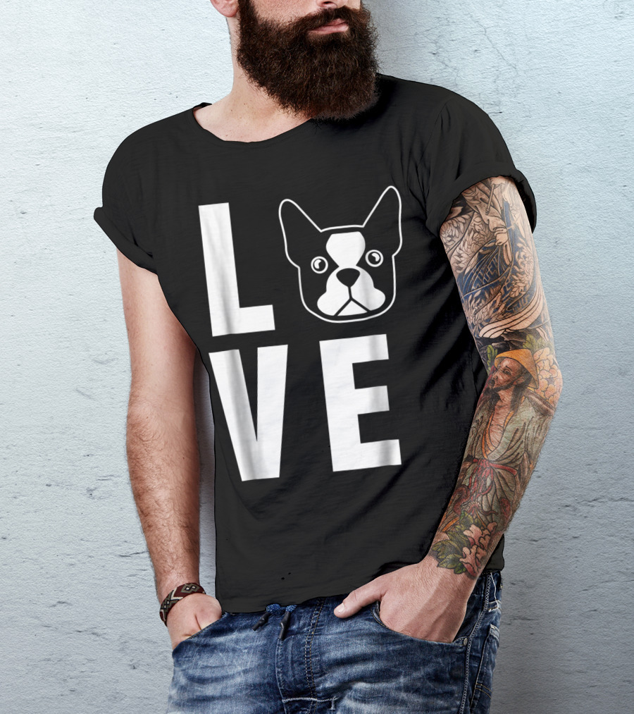 LOVE Boston Terrier Dog Face Typography T-Shirt