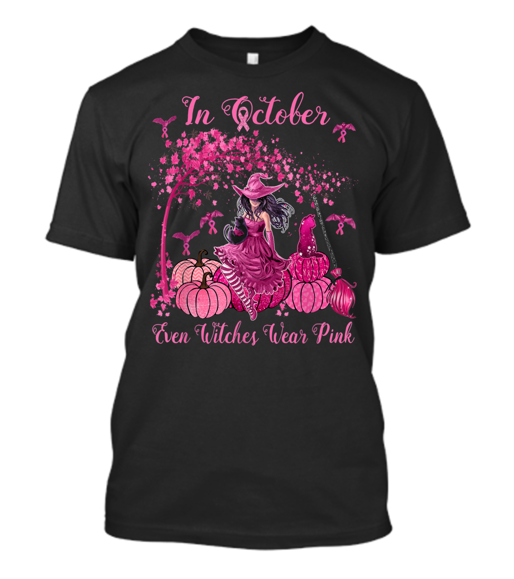 In October Even Witches Wear Pink With Pumpkins And Cats For Breast Cancer Awareness T-Shirt