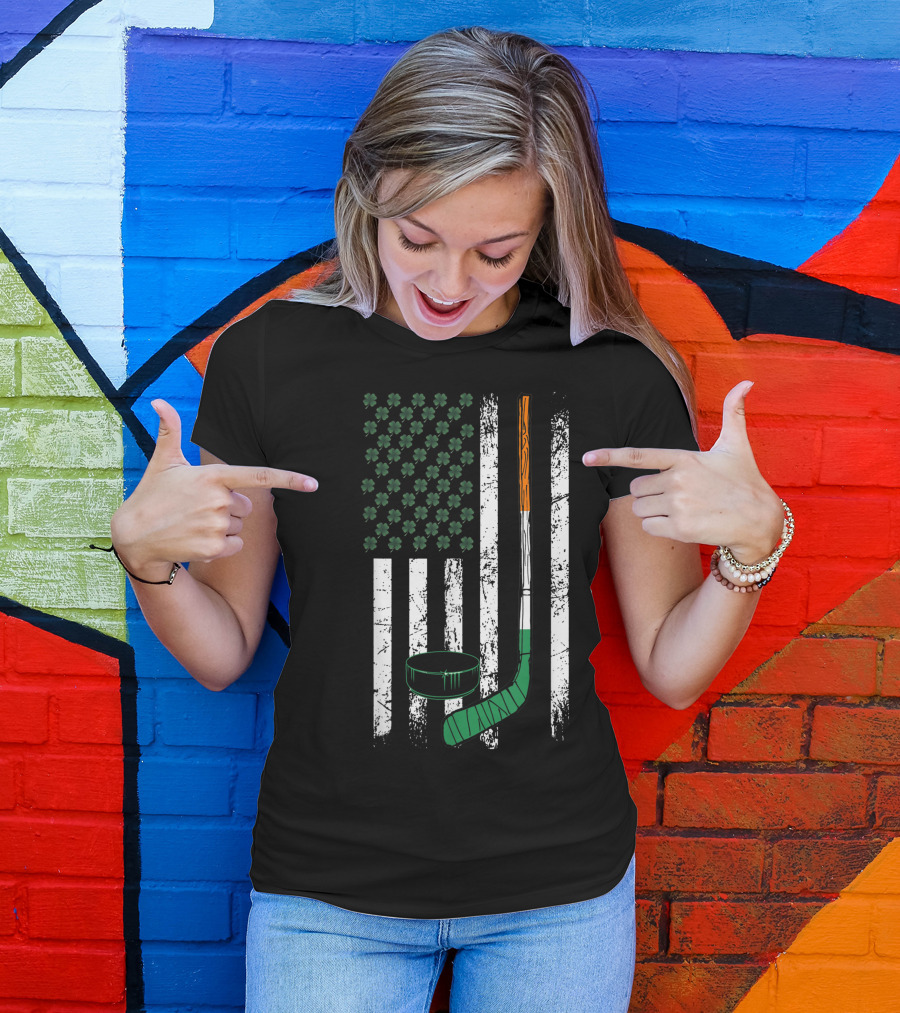 Irish American Hockey Usa Flag Shamrock St Patricks Day T-Shirt