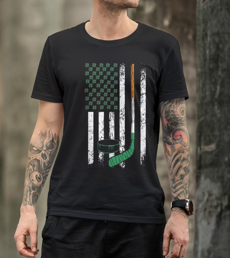 Irish American Hockey Usa Flag Shamrock St Patricks Day T-Shirt