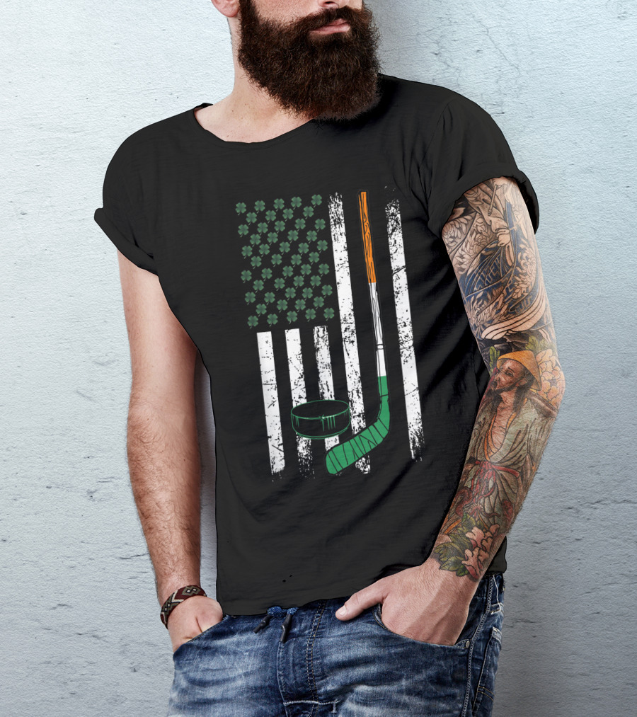Irish American Hockey Usa Flag Shamrock St Patricks Day T-Shirt
