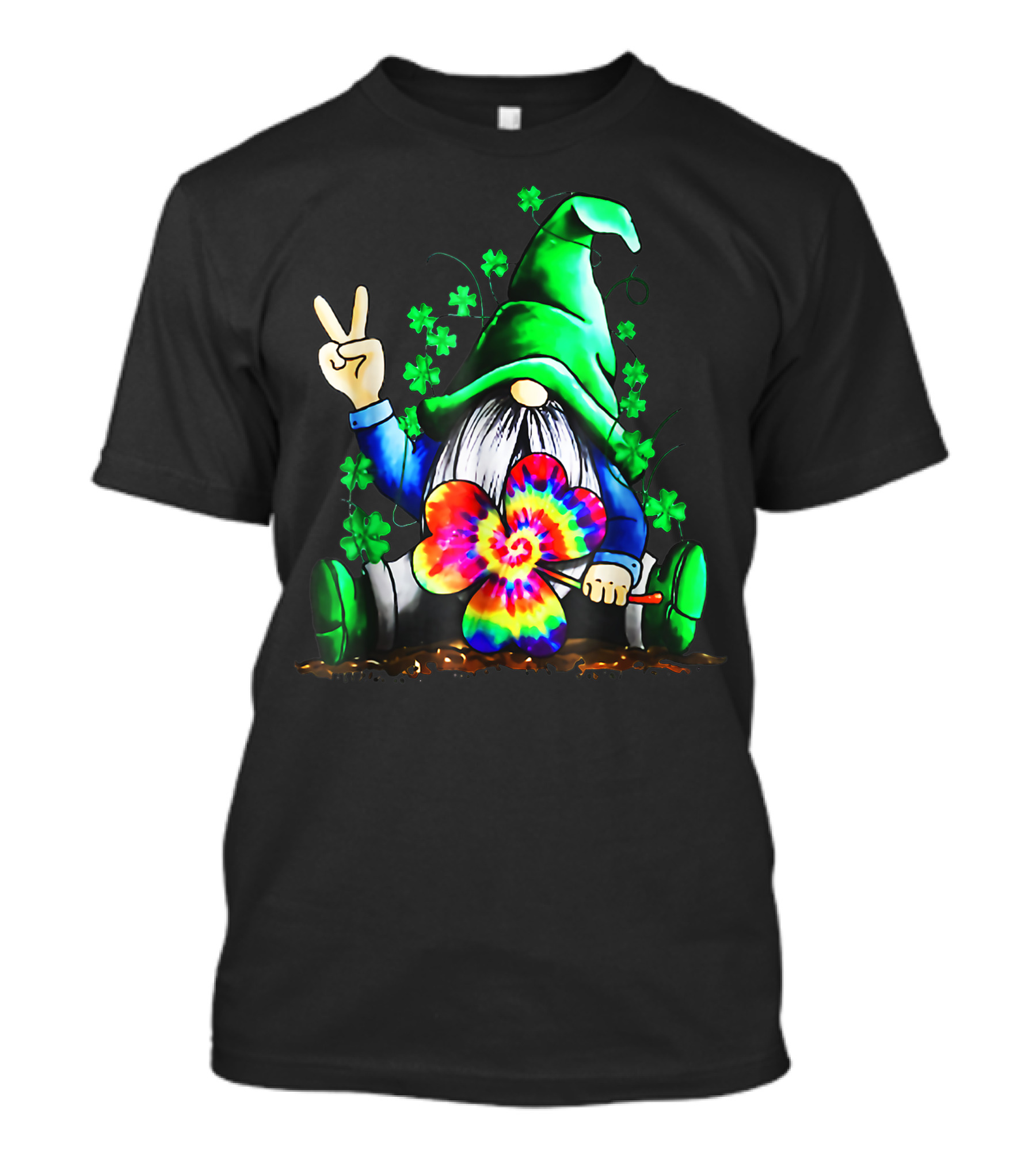 Irish Hippie Gnome Peace Sign With Tie-Dye Clover Surrounded By Shamrocks T-Shirt