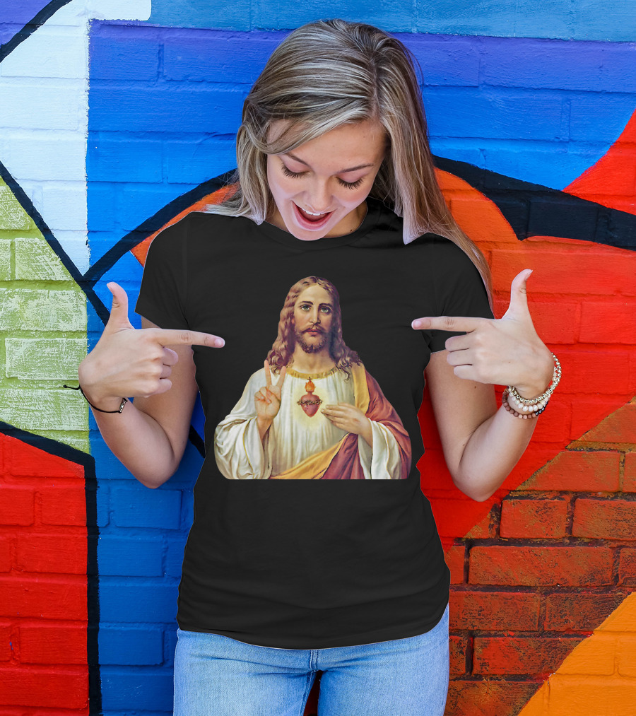 Jesus Christ Sacred Heart Symbol With Peace Gesture T-Shirt