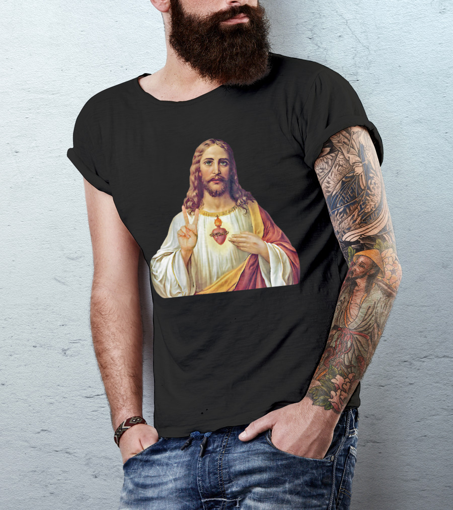 Jesus Christ Sacred Heart Symbol With Peace Gesture T-Shirt