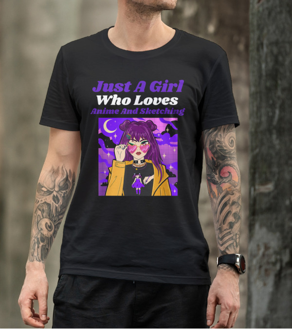 Just A Girl Who Loves Anime And Sketching Purple Aesthetic Retro Manga Fashion T-Shirt