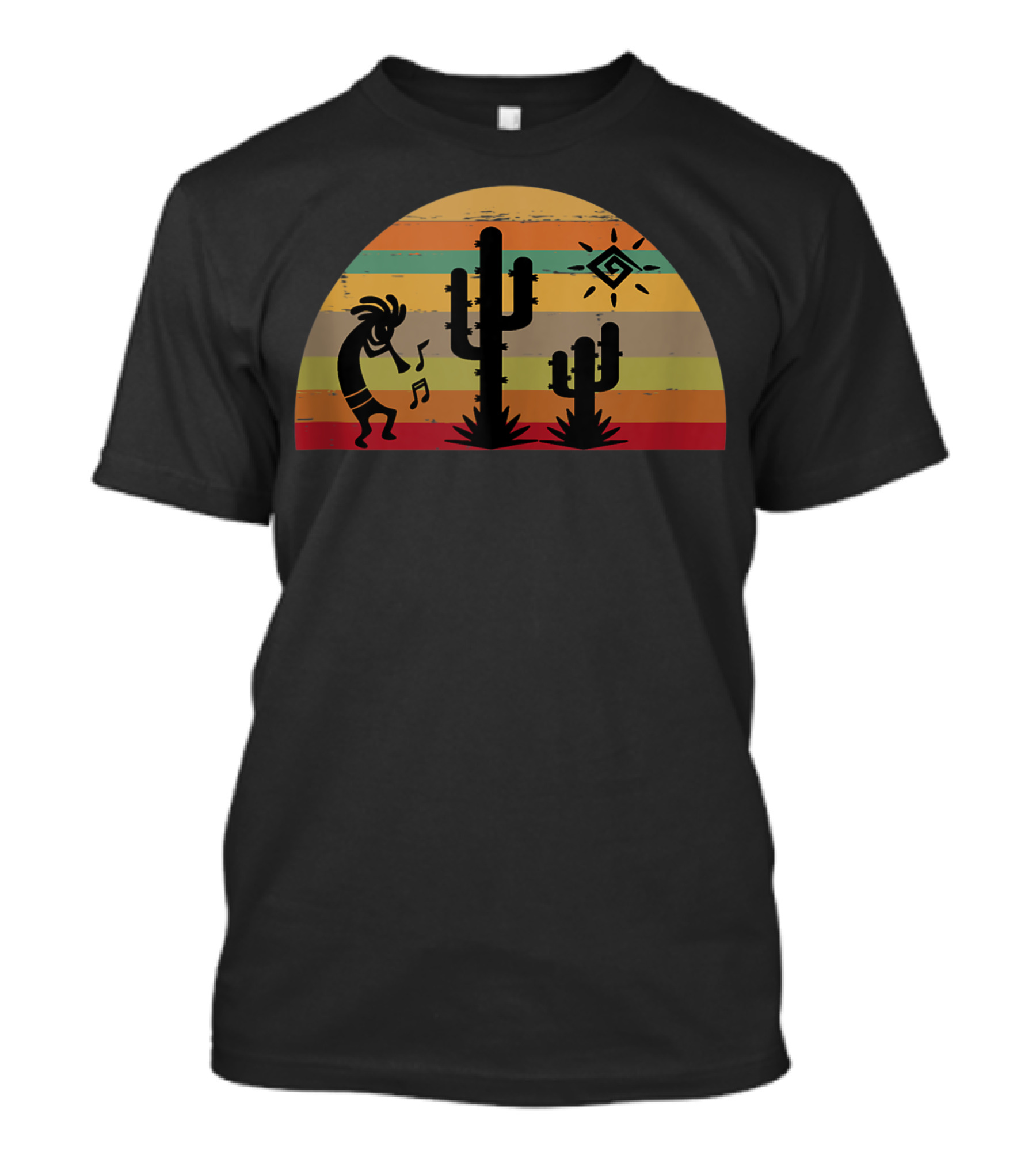 Kokopelli Cactus Sunset Scene With Tribal Sun And Music Notes T-Shirt