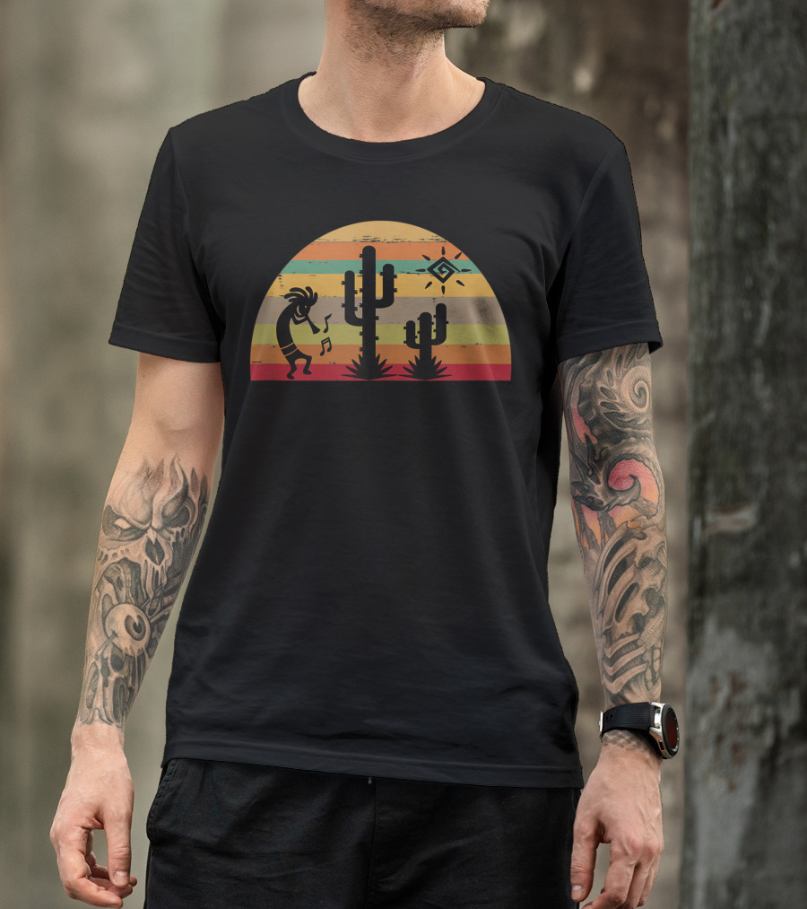 Kokopelli Cactus Sunset Scene With Tribal Sun And Music Notes T-Shirt
