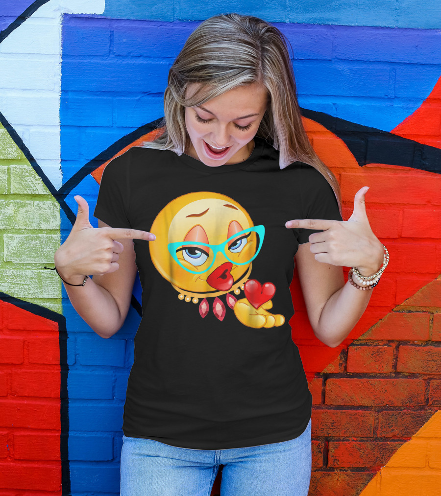 Lady Bling Emoji With Glasses And Heart Blow Kiss Emoticon T-Shirt