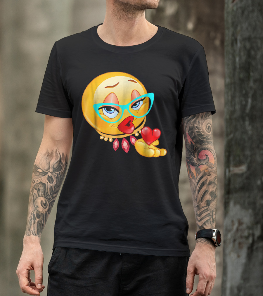 Lady Bling Emoji With Glasses And Heart Blow Kiss Emoticon T-Shirt