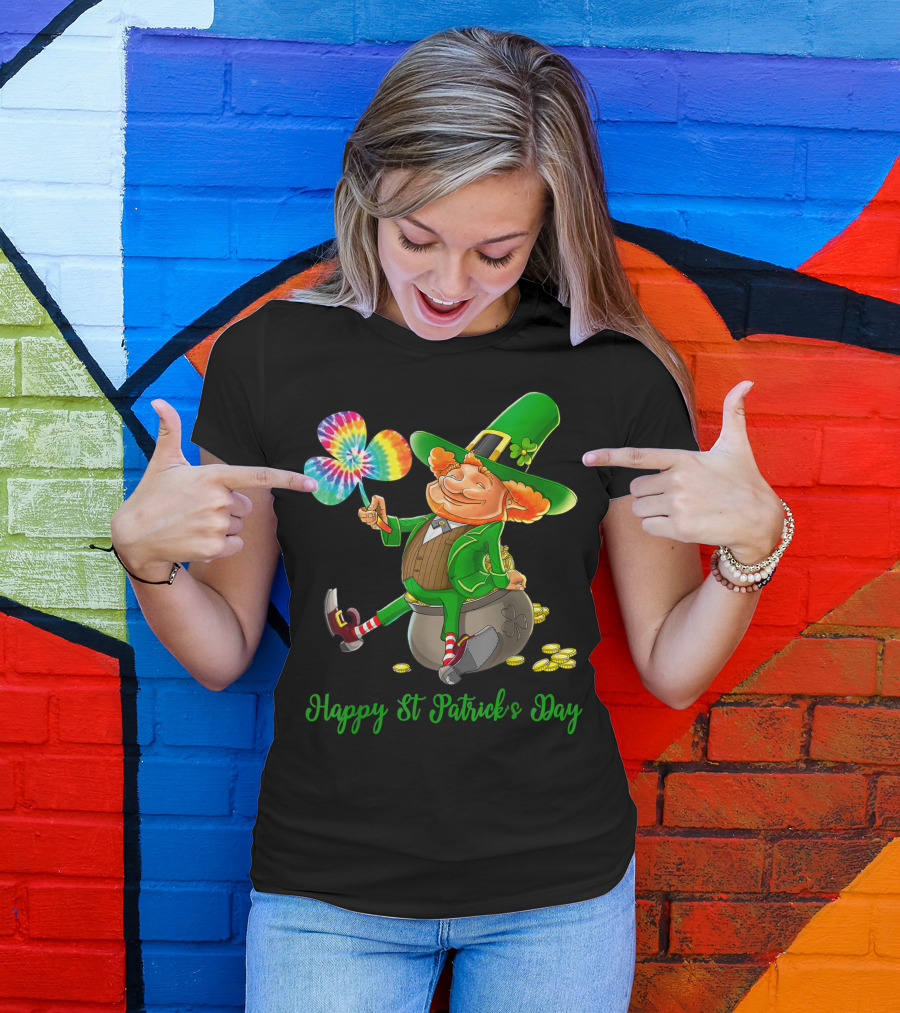 Happy St Patrick's Day Leprechaun With Tie Dye Shamrock T-Shirt