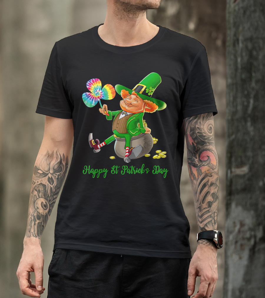 Happy St Patrick's Day Leprechaun With Tie Dye Shamrock T-Shirt