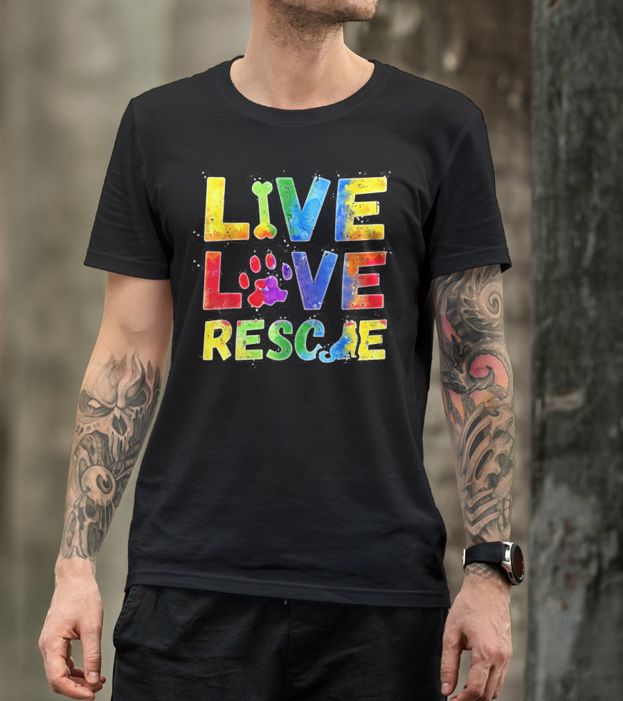 Live Love Rescue Colorful Paw Art For Dog Lovers T-Shirt